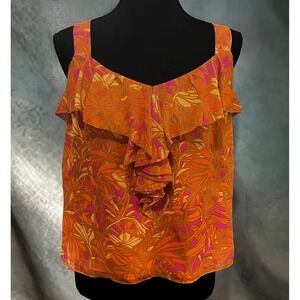 Etcetera Womens Orange Pink Tropical Floral Silk Ruffle Tank Top Size 6